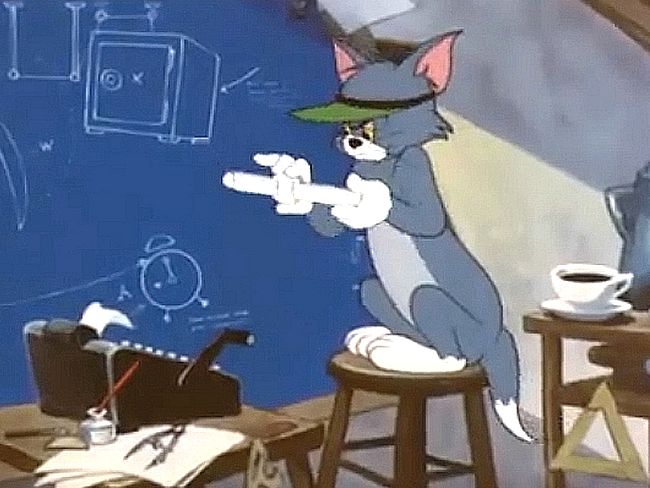 Gatto Silvestro con regolo calcolatore e calcolatrice meccanica